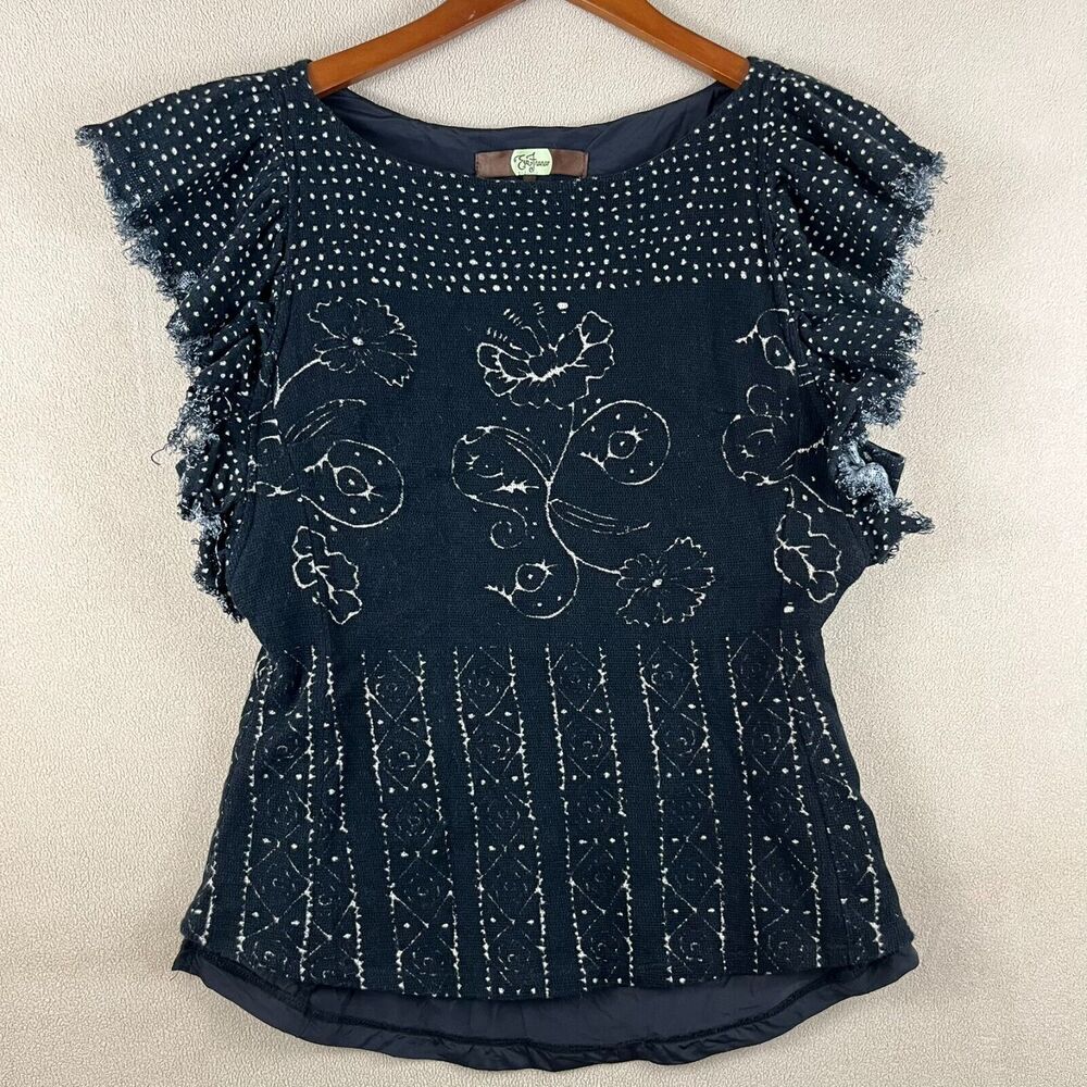 Eva Franco Navy Blue Embroidered Blouse